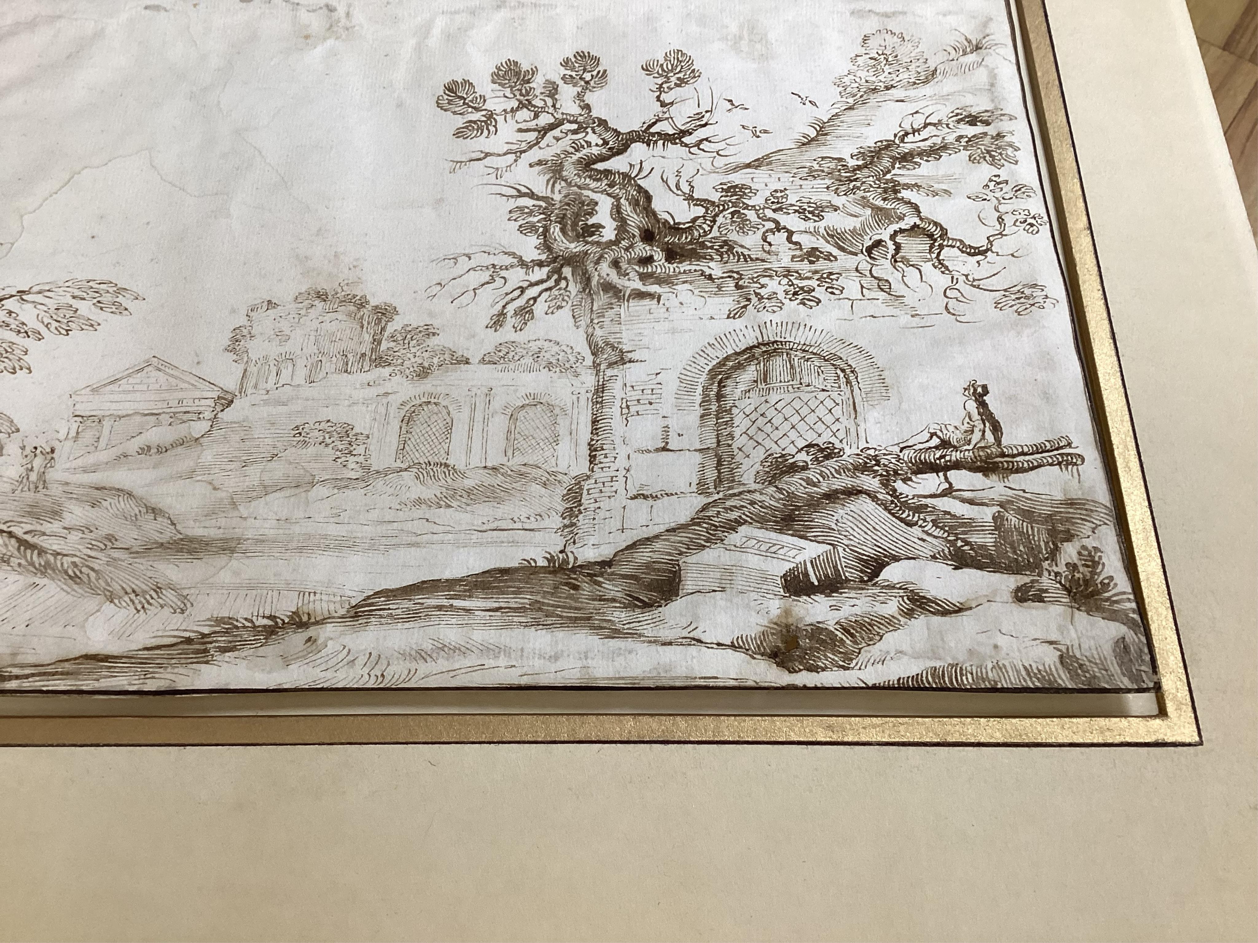 18th century Italian, old master sepia ink sketch, Landscape with ruins, mounted, 25 x 40cm, unframed